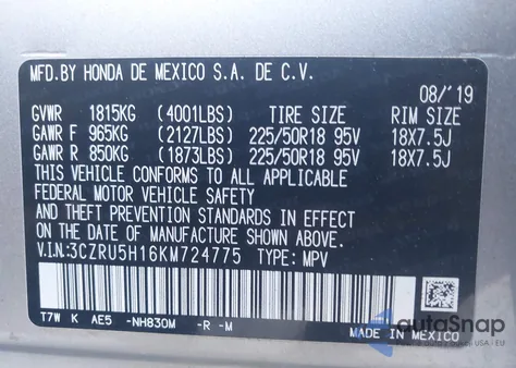 2019 Honda Hr-V Sport from USA, damaged, VIN 3CZRU5H16KM724775
